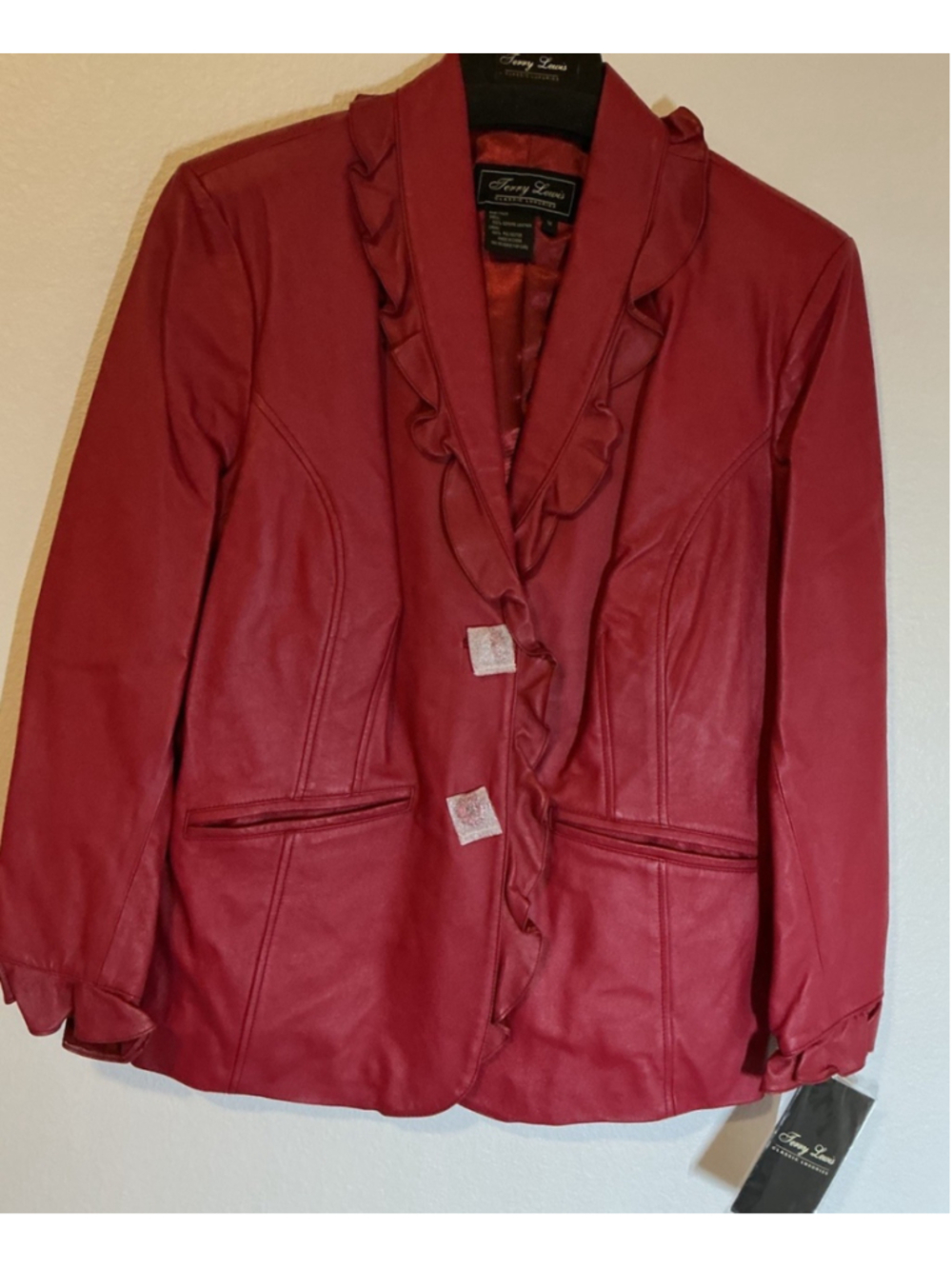 NWT Terry Lewis Leather Jacket 1X P Red Ruffle Trim Collar Blazer Smooth Vintage